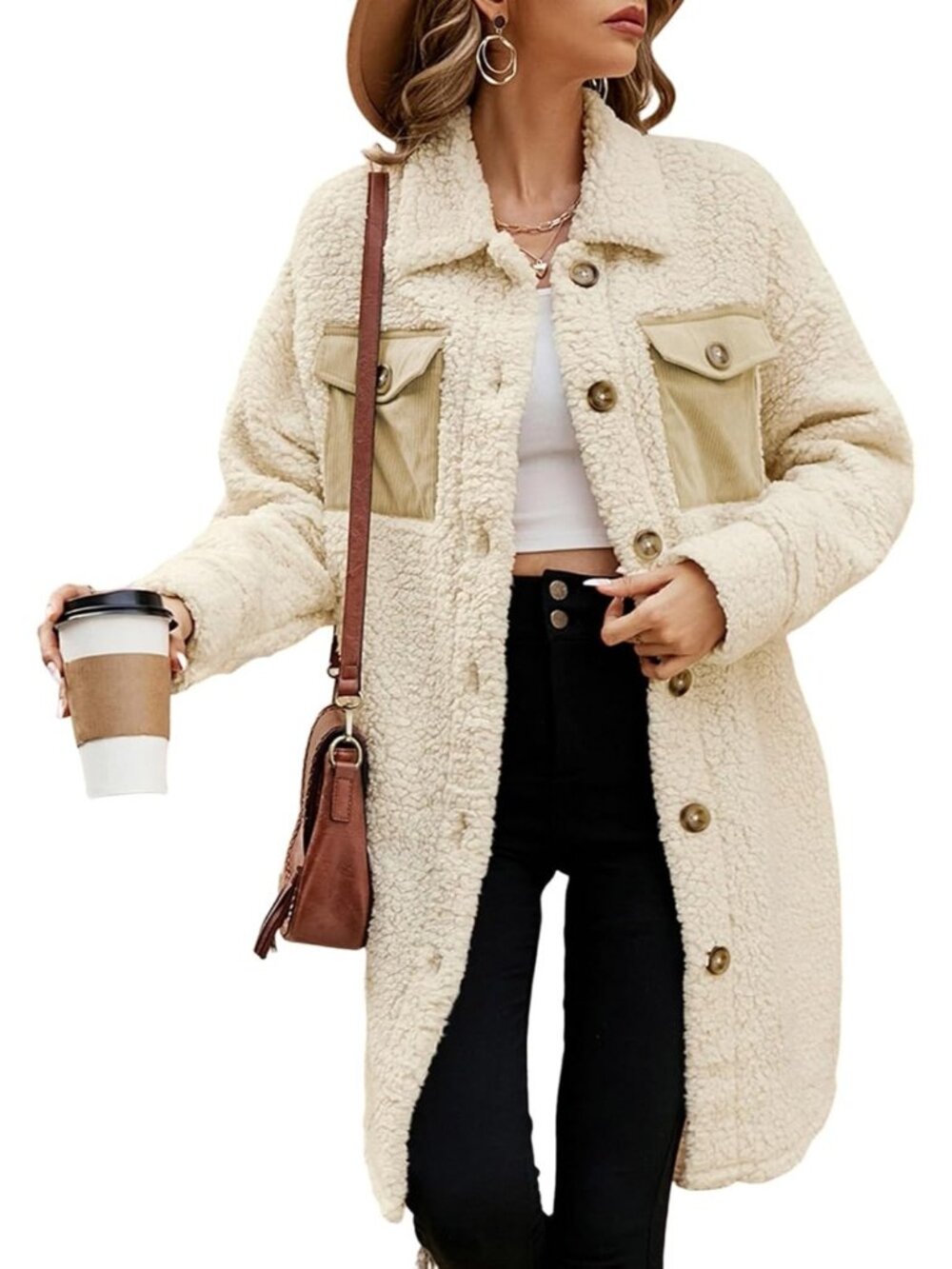 Women's Beige 100% Polyester Warm Faux Fuzzy Fleece Button Down Long Teddy Coat